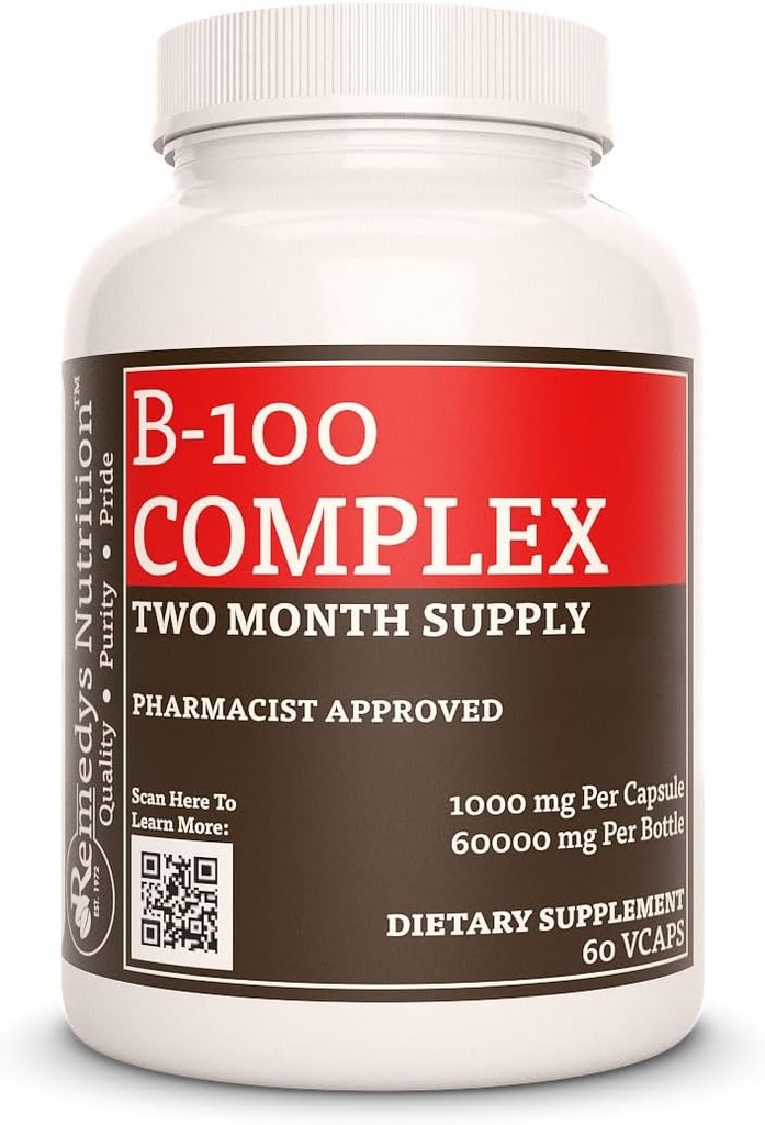 Remedy의 영양 비타민 B-100 Complex |1,000 mg, 60 Vegan 캡슐 다이어트 보충 | 2 개월 공급