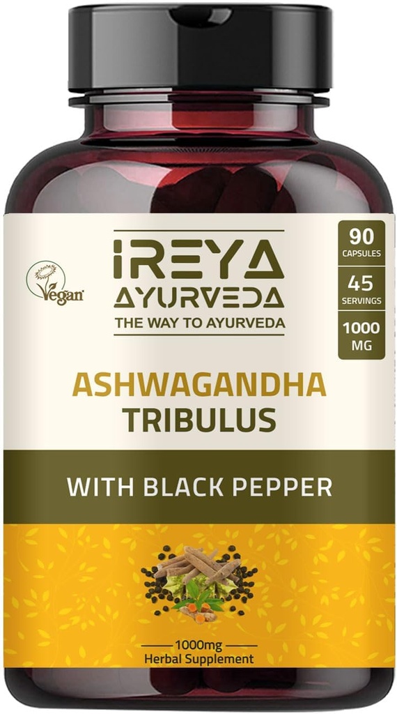 Ashwagandha 캡슐 유기 1000mg (90 캡슐) Tribulus Terrestris, Shatavari 및 Black Pepper 유기 성분으로 만든 | 45 일 공급