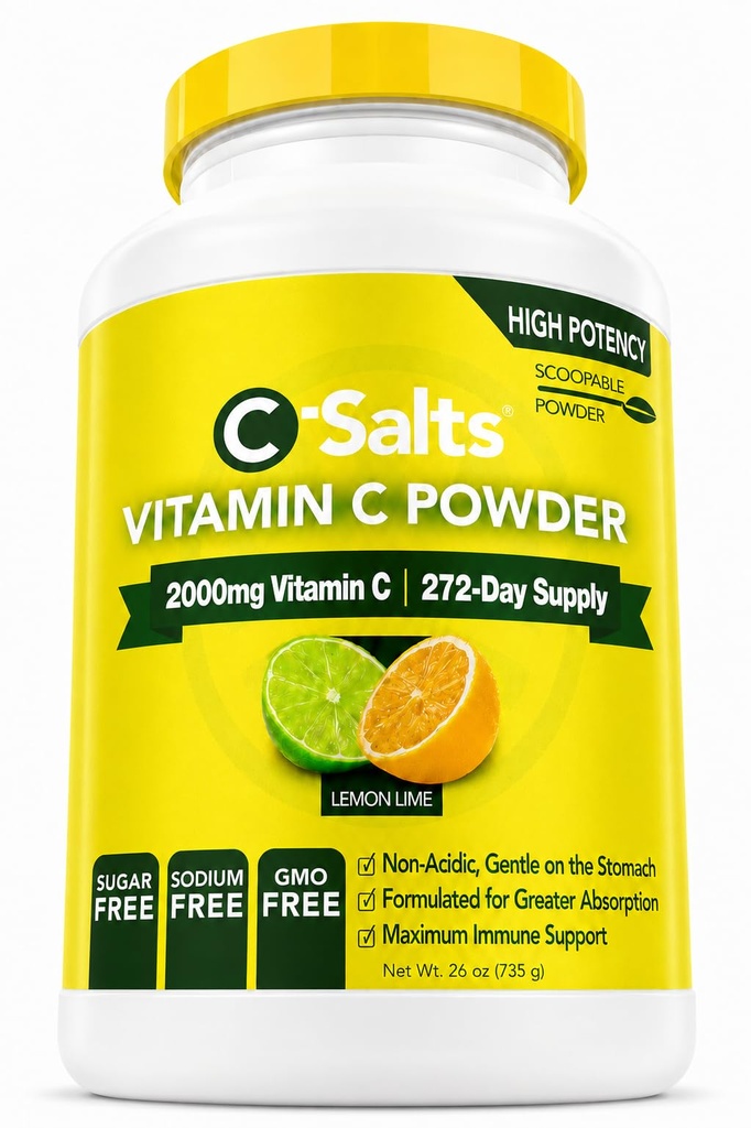 C-Salts 비타민 C 분말 보충교재 - 100% Immune 지원을 위한 순수한 높은 복용량 버퍼레이트 비타민 C 분말 - 유기, 설탕 자유로운, Vegan, 비 GMO, Stomach-Friendly, 레몬 Lime 26oz