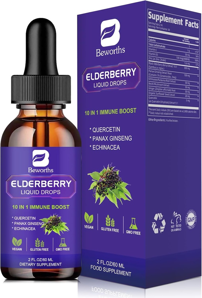 Elderberry Syrup | Quercetin Black Elderberry Liquid Drop with Quercetin, Panax Ginseng for Immune support | Sambucus Elderberry with Vitamin C, 아연, D3 | Vegan | Non-GMO | 비건 | 비건 | 비건 | 비건