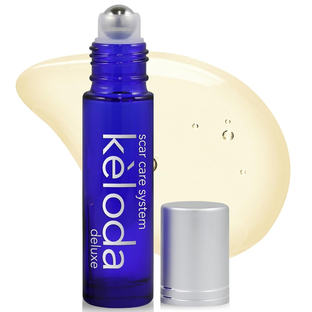 KELODA Deluxe Scar & Keloid Removal Oil & Massager, 0.33 oz | 수술 흉터 및 피어싱 Keloids, 여드름, 화상의 치료 | 코코넛, 칼, 터미, 라벤더, 헬리엄 오일 및 비타민 E