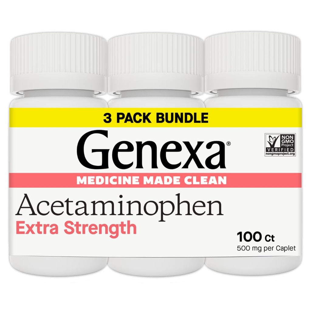 Genexa 청결한 Acetaminophen 500mg 여분 힘, 염료 자유로운 고통 Reliever Fever 흡진기, 성인을 위한 0% 인공 첨가물, 고통 약, Relieves 두통, 두통 관절염 고통, 300의 정제