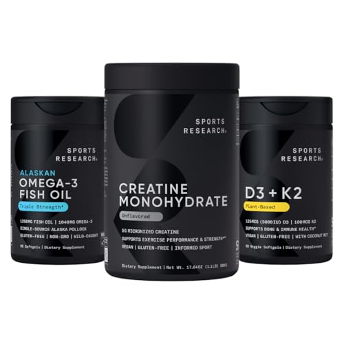 스포츠 연구 트리플 힘 Omega 3 물고기 기름 - Burpless 물고기 기름 보충교재 w/EPA & DHA 지방산, Creatine Monohydrate & 식물 코코넛 기름을 가진 근거한 비타민 D3 K2