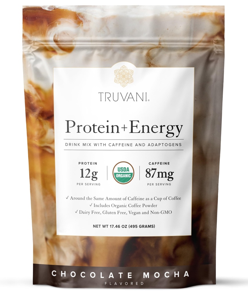 Truvani Protein + Energy Drink Mix with 87mg Caffeine | 초콜릿 모차 | 12g 유기농 공장 기반 단백질 | 20 인분 | USDA 유기농 커피 파우더 & Adaptogen | 글루텐 & 다이리 프리 | Vegan