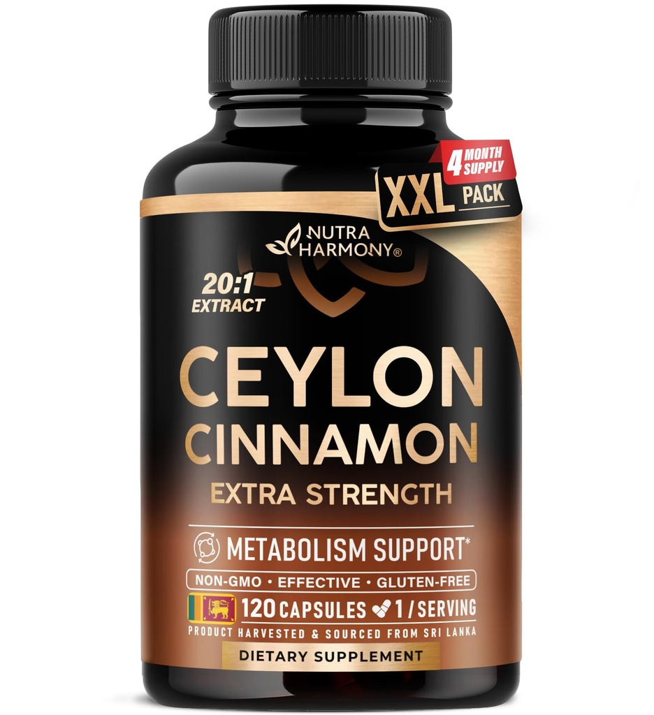 Ceylon Cinnamon 캡슐 - 여분의 힘 - 에너지, 심장 & 대사 지원 - 남자 & 여자를 위해 - 순수한 자연적인 추출물 20:1 보충교재 - 미국에서 만드는 - GMO & 글루텐 자유로운, 120의 캡슐, 4 달 공급