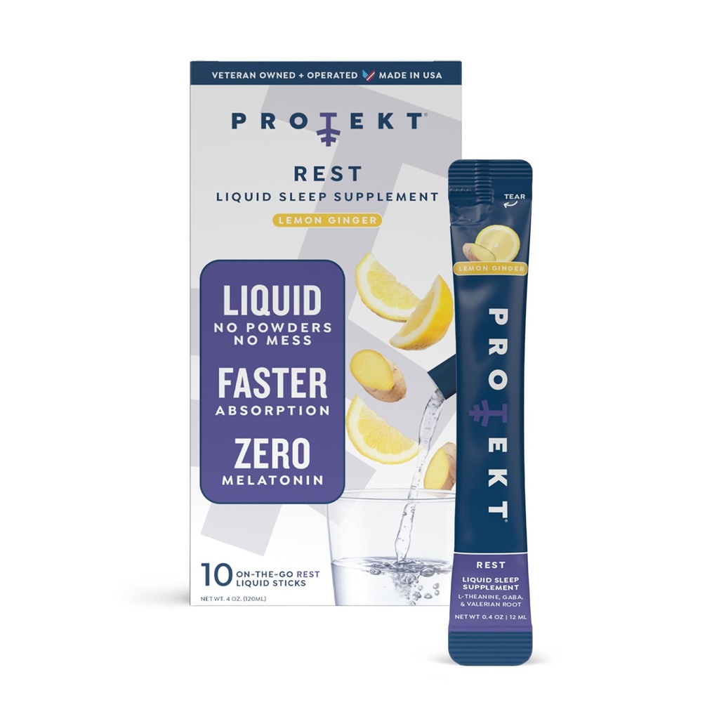 PROTEKT GABA L Theanine Supplement | 성인용 Melatonin-Free Sleep Aid | 야간 지원 및 휴식용 Valerian Root | 성인용 GABA Calm Liquid Drink Mix | 레몬 생강, 팩 10