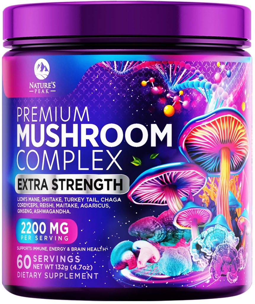버섯 보충 분말 2200mg - 유기 사자 Mane, Reishi, Cordyceps, Chaga, 터키 꼬리 버섯 추출물 보충 교재 & 두뇌 지원을 위한 1개의 복잡한 공식 분말에서 11 - 60의 서빙