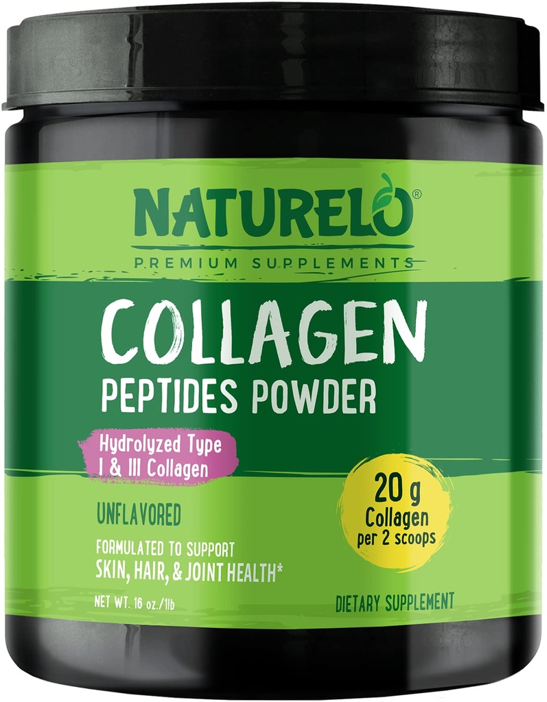 NATURELO 교원질 펩티드 분말, 가수분해된 교원질 유형 I & III의 피부 머리 & 합동 건강 - Unflavored, 16 Ounces | 45 서빙