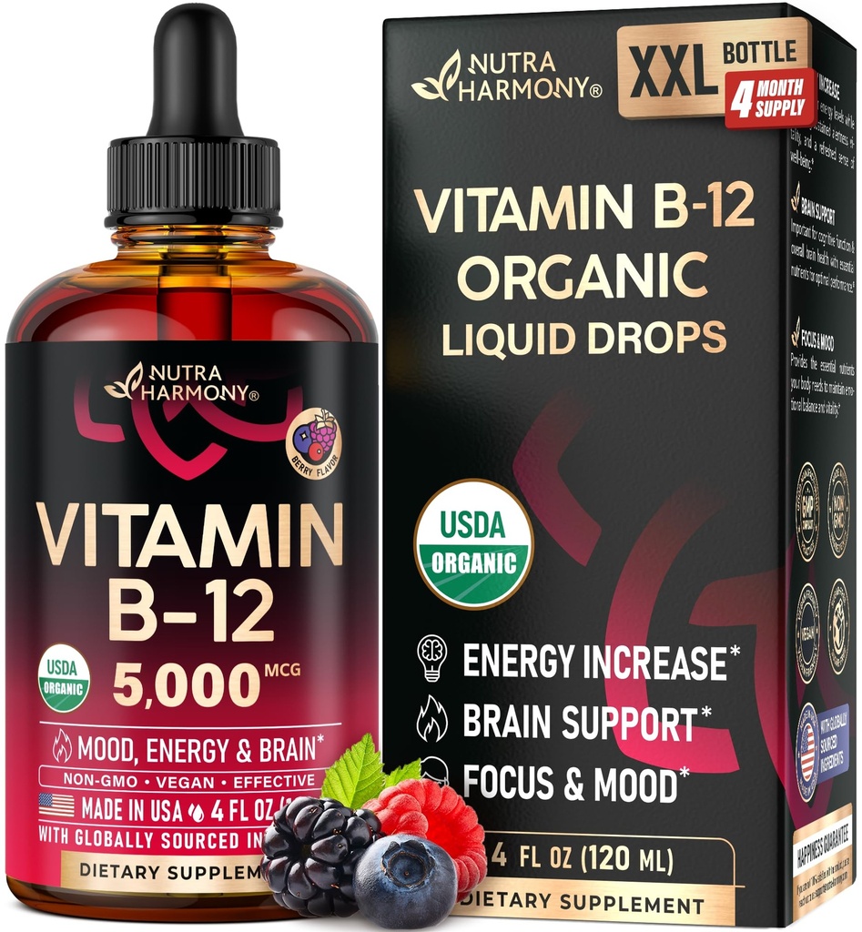 USDA 유기 비타민 B12 잠수함 - 여성을 위한 5000 mcg 액체 채식주의자 Methylcobalamin & 남자 - 에너지 부스트, 초점 & 계류, 뇌 건강 지원 - 최대 흡수 - 4 달 공급, 4개 fl oz