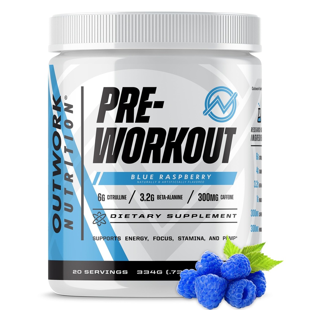 아웃 워크 영양은 남성 및 여성을위한 운동 - 크레아틴없이 Nootropic Pre Workout, Taurine Rhodiola Citrulline Malate Beta Alanine Caffeine (블루 라즈베리)와 사전 운동 분말