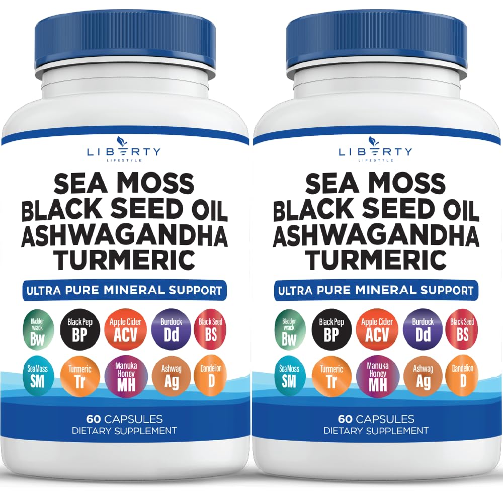 Sea Moss Black Seed Oil Ashwagandha Turmeric Bladderwrack Burdock - Manuka, 꿀 Dandelion, ACV Black Pepper Gluten 무료 - 2 팩