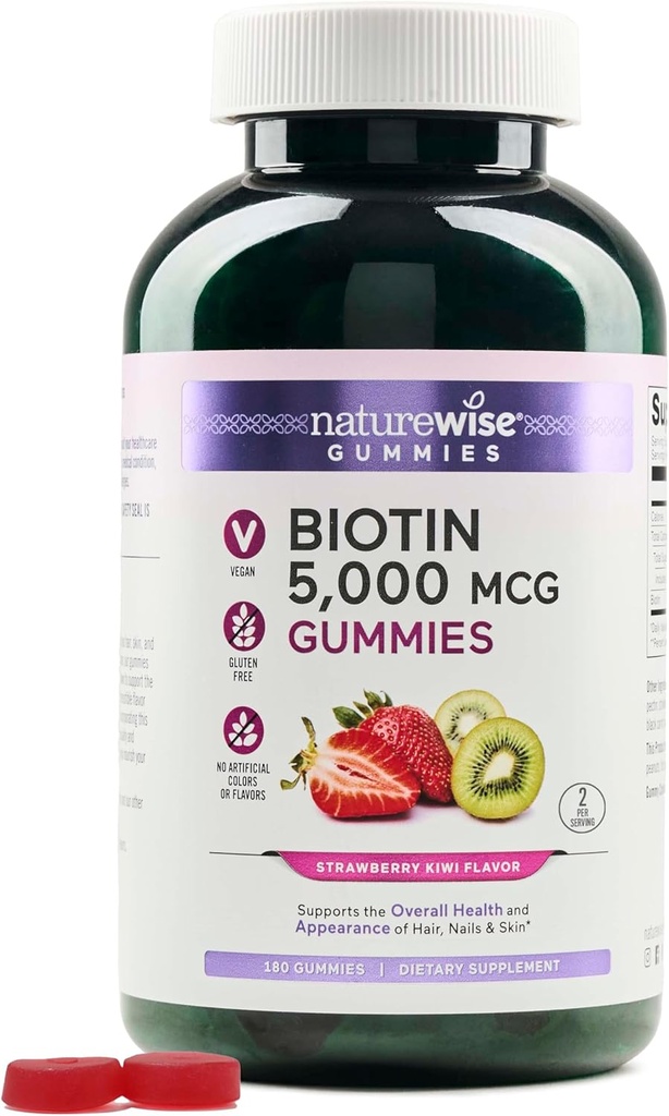 NatureWise Biotin Gummies - 건강한 머리, 피부 및 강한 손톱 지원 - 비타민 B7 5000mcg - 자연 아름다움 - Strawberry-Kiwi 맛 - Vegan, Non-GMO, 글루텐 무료 - 180 Count[90 Day Supply]