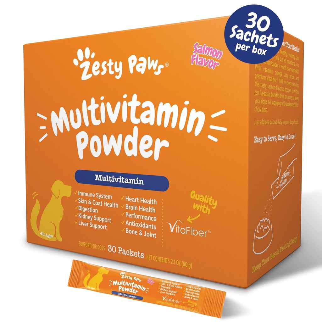 Zesty Paws 10-in-1 Dog Multivitamin - Gut, Immune, Joint, Skin & Coat Support, and More - Dog Vitamins and Supplements Powder - 오메가 물고기 오일 및 VitaFiber와 애완 동물 보충제 - 살몬 - 30 Ct