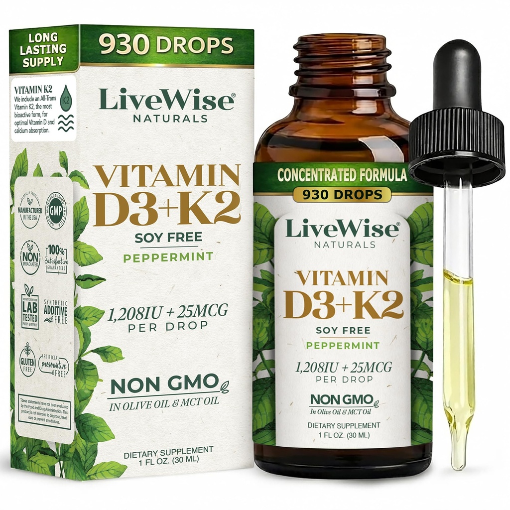 LiveWise Naturals 비타민 D3 with K2 Liquid Drops, 모든 자연, 비 GMO, USA Made, 1208 IU 비타민 D3 & 25 mcg K2, 지원 뼈 건강 및 에너지 레벨, Peppermint와 주입, 올리, MCT 오일