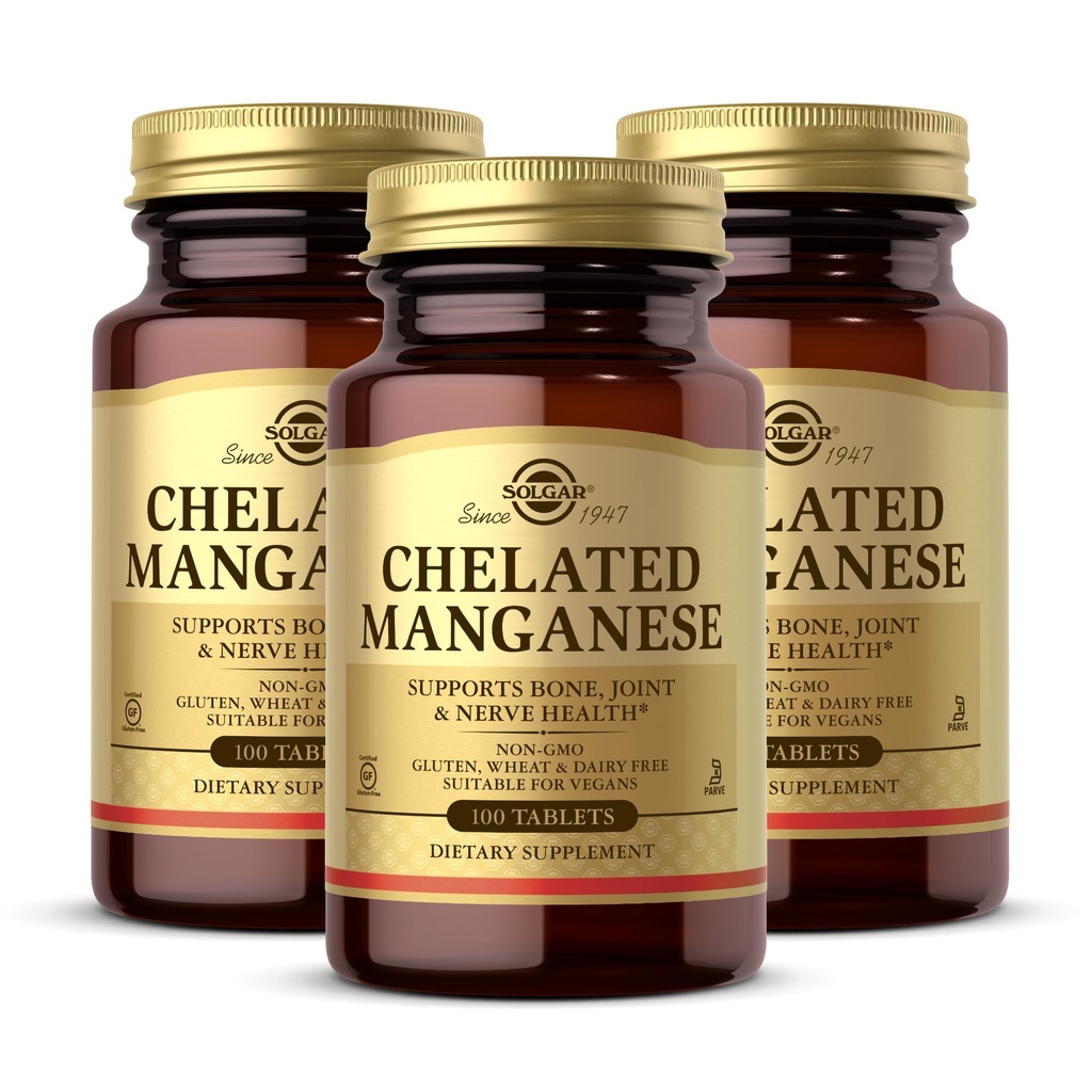 Solgar Chelated 망간 - 100 정제, 2 팩 - Bone, Joint & Nerve Health - Non-GMO, Vegan, Gluten Free, Dairy Free, Kosher - 200 총 서빙 지원