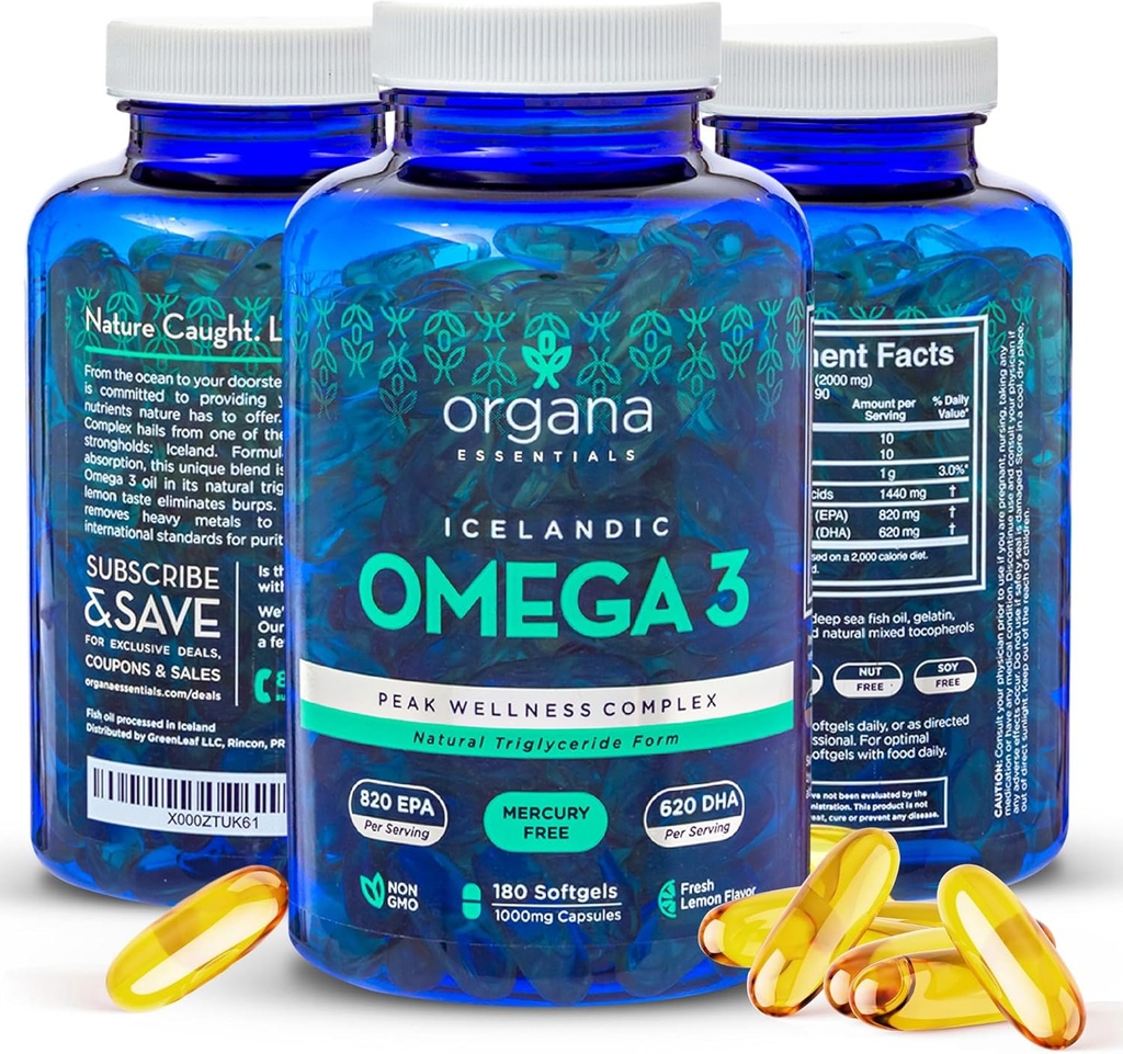 오메가 3 생선 기름 2,000 mg - 높은 EPA 820 mg + DHA 620 mg - 180 트리플 강도 Burpless 레몬 맛 Softgels