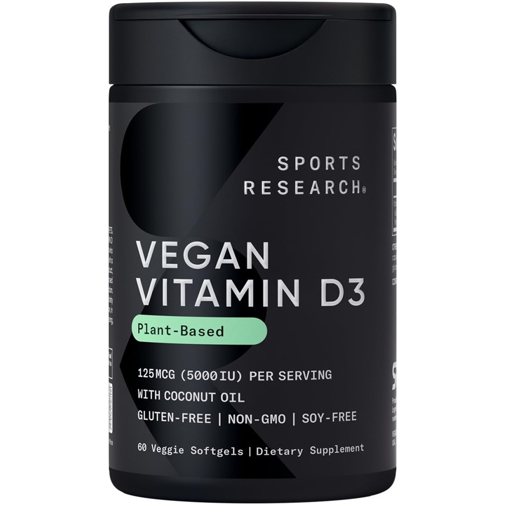 스포츠 연구 Vegan 비타민 D3 5000IU (125 mcg) 코코넛 오일 | 뼈, 관절 및 면역 지원을위한 100 % 식물 기반 비타민 D | Carrageenan Free, Vegan Certified & Non-GMO Verified (60 Softgels)