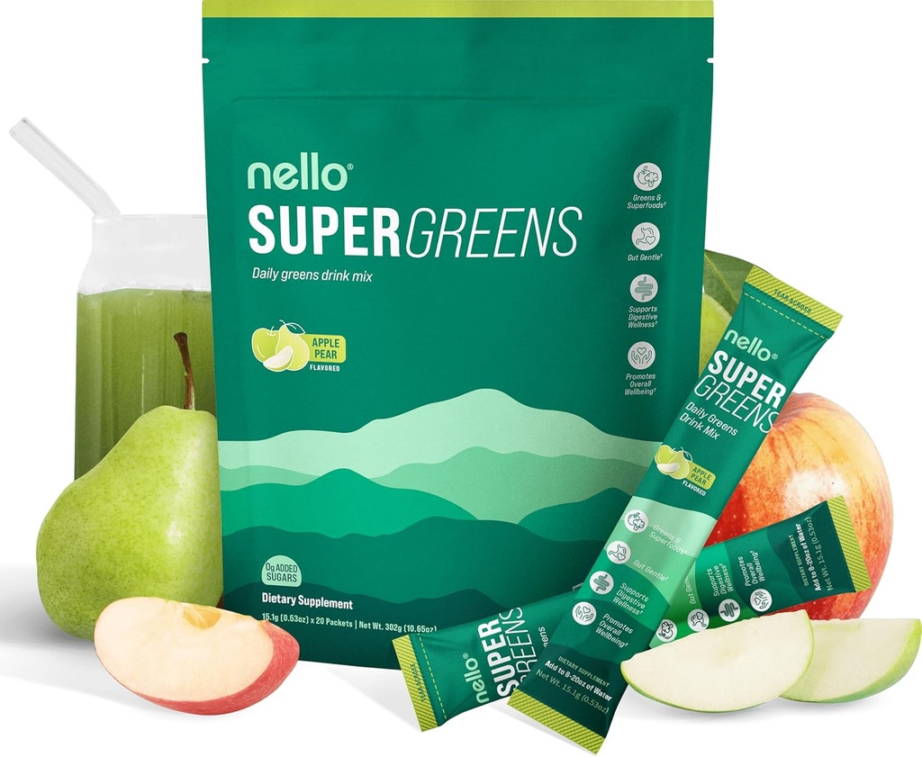 Nello Supergreens Superfood 음료는 Chlorella, Moringa, Spinach, Broccoli, Digestive Enzymes 및 Probiotics와 혼합되어 있습니다. Apple Pear 맛, 20 서빙, 여행 팩