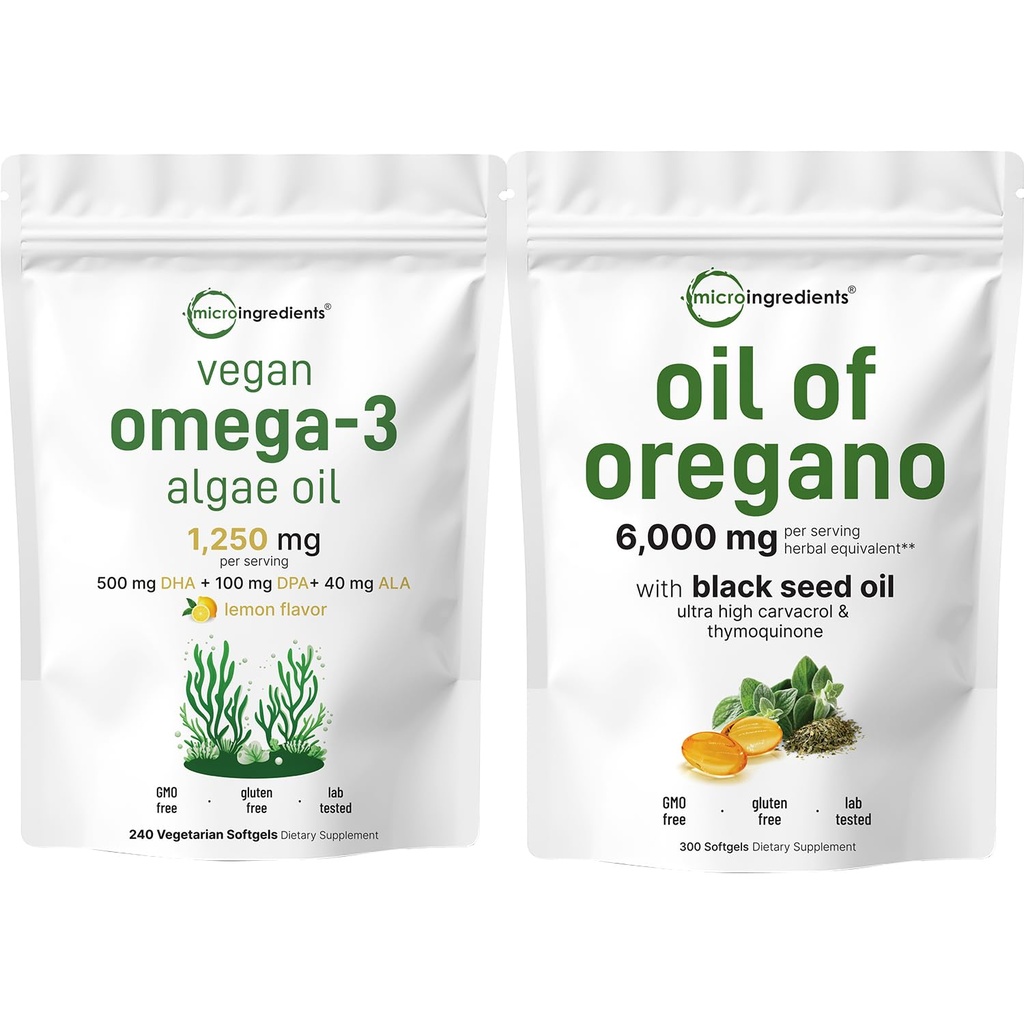 Oregano Softgels의 마이크로 성분 기름 300 조사 & Vegan Omega 3 조류 기름 보충교재 뭉치 2 팩 | Carvacrol & Thymoquinone | 가득 차있는 스펙트럼 Omega-3 대안