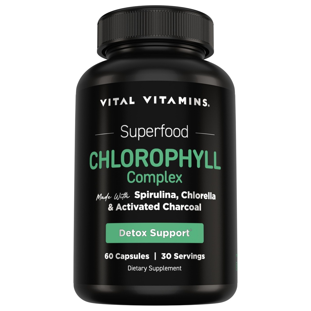 Vital Vitamins Chlorophyll 알약 - 바디 탈취 보충 - Spirulina, Chlorella, Organic Parsley, Mint 및 활성화 Charcoal로 만든 - Defeat Odor Naturally - 여성 및 남성 - 60 캡슐