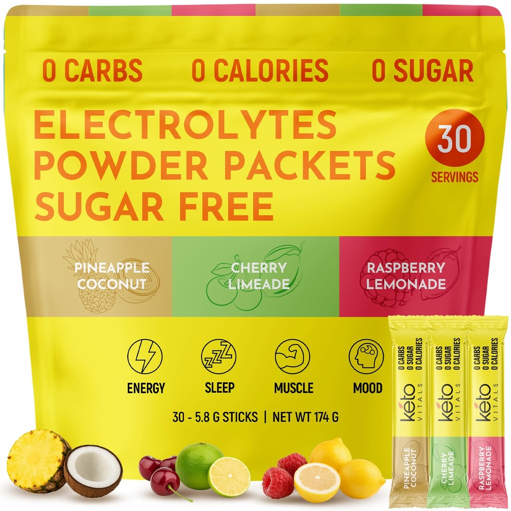 Keto Vitals Tropical Keto Electrolytes Powder No Sugar - 칼륨, 마그네슘, 나트륨, 및 칼슘과 전기로 tes - 설탕 무료 Electrolyte Powder Packets Drink Mix & Hydration Powder, 30 서빙