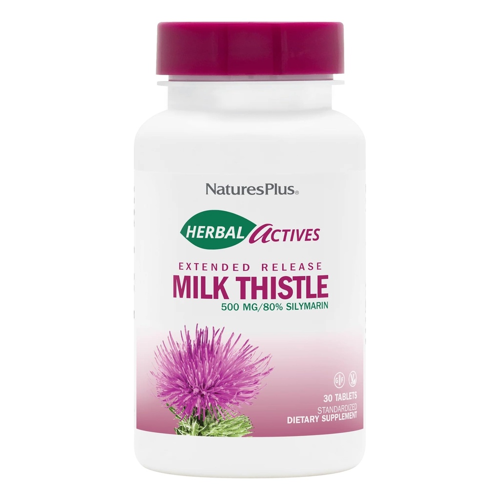 Natures Plus Herbal Actives Milk Thistle, Extended Release - 500mg, 80 % Silymarin, 30 채식 정제 - 글루텐 프리 - 30 서빙