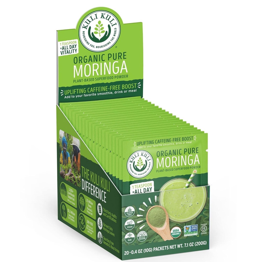 Kuli Kuli Moringa Oleifera 유기 잎 분말 & 녹색 스무디, 100% 순수한 USDA는 & 비 GMO Moringa 분말, 스무디, 차 및 음식, 0.4 Ounce, 20 (KK PM)의 팩에 중대한 증명했습니다