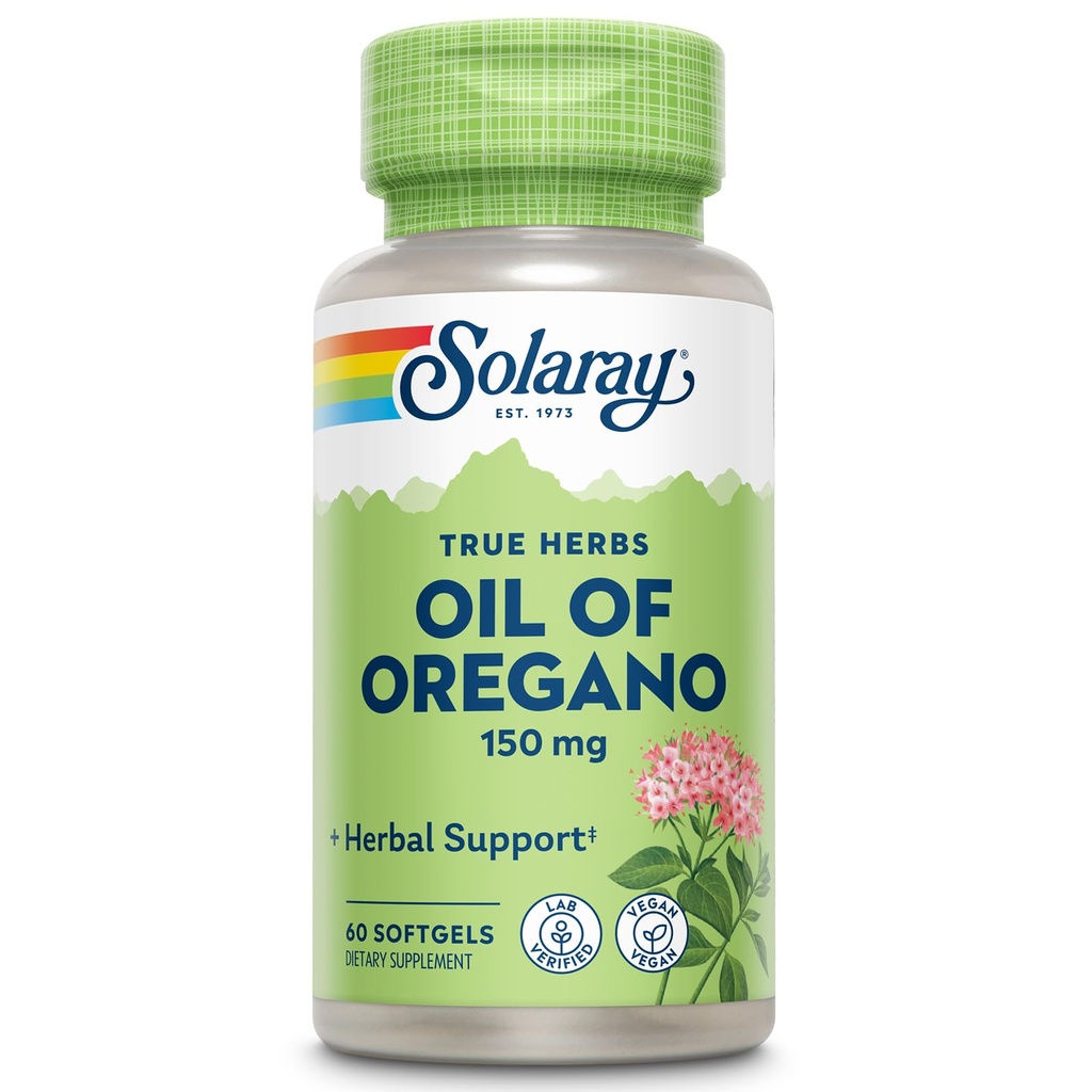 Oregano Softgels 150 mg의 SOLARAY 오일 - 강력한 웰빙 지원을위한 Oregano 오일 보충 - Gentle Digestion - Extra Virgin Olive Oil Base - Vegan, 60 일 보증 - 60 서빙, 60 Softgels