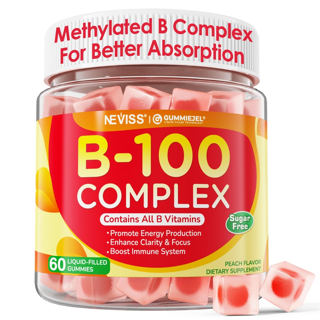 Super Vitamin B Complex Gummies - 메틸 B12, B1, B2, B3, B5, B6, Biotin, Methylfolate 비타민 C, 콜린, Inositol, 에너지, 두뇌 및 면역 지원, 설탕 무료