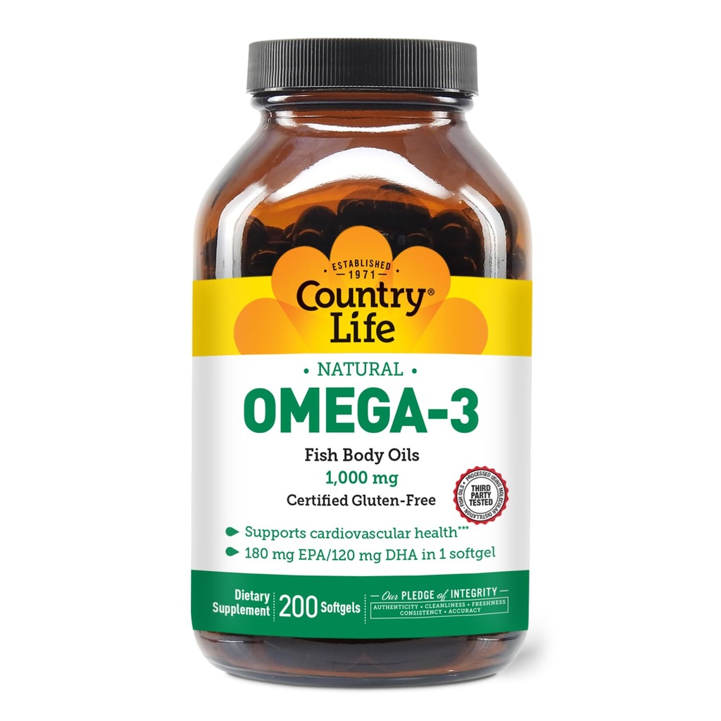 국가 생활 Omega-3 물고기 기름 보충교재, 1000mg, 180mg EPA & 120mg DHA의 물고기 기름 농축물, Burpless, 200 Softgels의 증명한 글루텐 자유로운