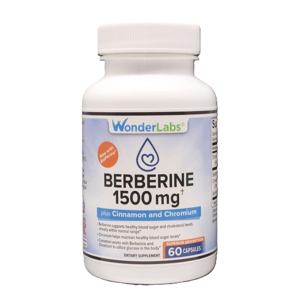Wonder Laboratories Berberine HCL 1,500mg + Cinnamon, Chromium, & Glucose, Heart & Immune 시스템 건강 글루텐 & GMO 무료 - 60 캡슐에 대한 생물 정보 유지