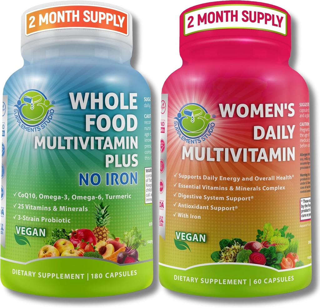SUPPLEMENTS STUDIO 포괄적인 여성 멀티 시스템 지원 듀오 – 철 + 철 없이 전체 식품 멀티 비타민 + 철 – Vegan, Non-GMO, Clean Daily Wellness Support