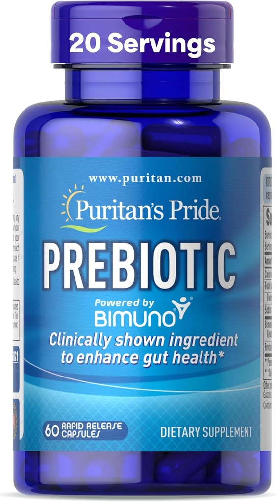 Puritan 's Pride Prebiotics for Men and Women Powered by Bimuno, 고급 Gut 건강을위한 다이어트 보충, Bloating, 60 Rapid Release Capsules에 도움이