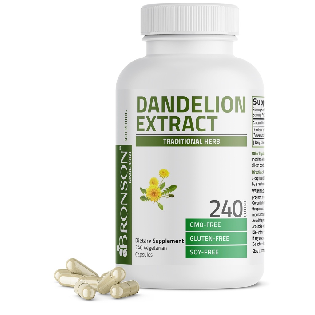 Bronson Dandelion 뿌리 높은 효능 보충, 지원 전체 좋은 건강 & 웰빙, 전통 Diuretic 허브 - 비 GMO, 240 채식 캡슐
