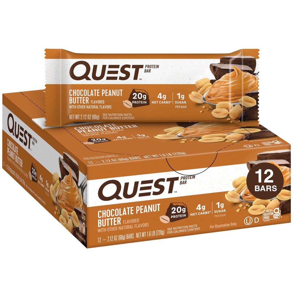 Quest Nutrition Chocolate Peanut Butter Bar, 20g Protein, 1g Sugar, 4g Net Carb, Gluten Free, Keto Friendly, 12 카운트