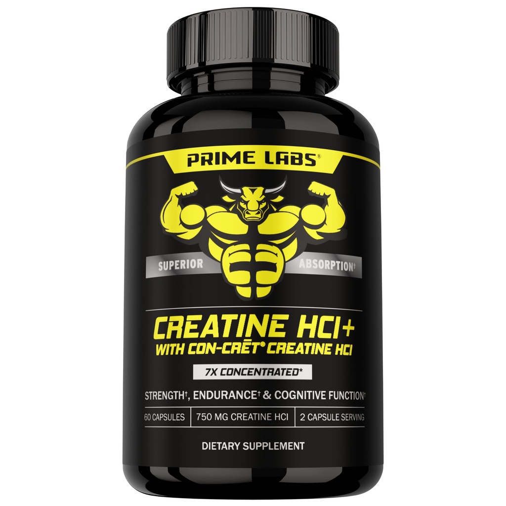 Prime Labs Creatine HCl 캡슐 - CON-CR845T®, Rhodiola Root Extract, & L-Theanine - 근육 지원, 내구시간,인지 기능 - 남성 및 여성 - 60 알약