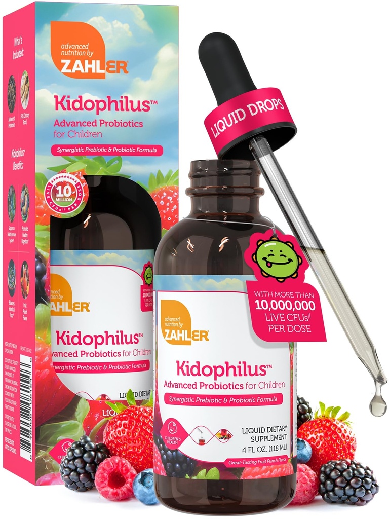 Zahler - Kidophilus Liquid Drops Probiotics for Kids (4 Fl Oz) 공인 Kosher Kids Probiotics for Healthy Digestion & Immune Support - 과일 펀치 맛 어린이 Probiotic Drops 보충