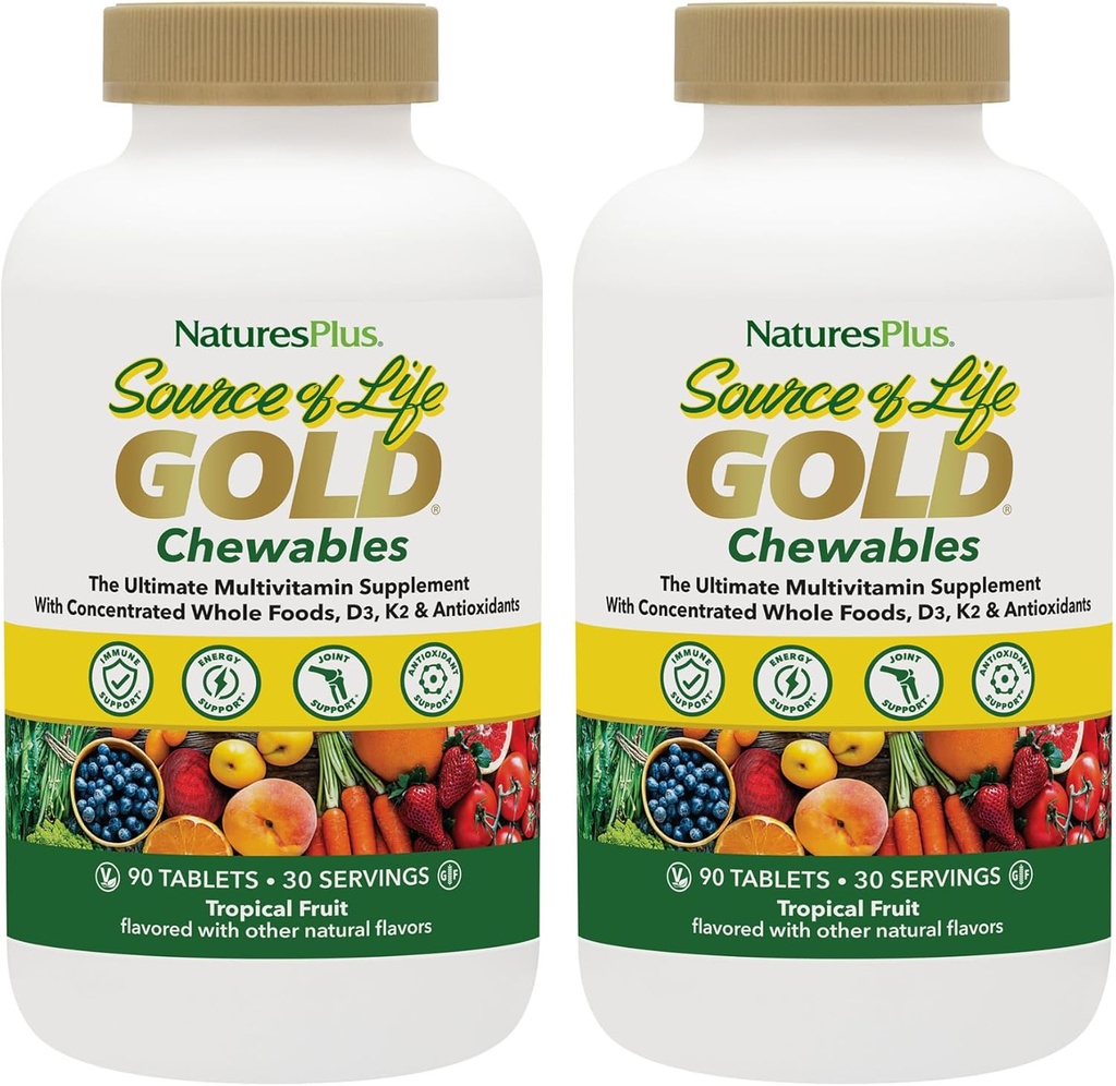 NaturesPlus Life Gold Multivitamin - 90 Chewable Tablets, Pack of 2 - 비타민 D3, B12, K2 및 120 개 이상의 전체 식품 - 혈액, 뼈 및 면역 지원 - 글루텐 무료 - 60 총 서빙