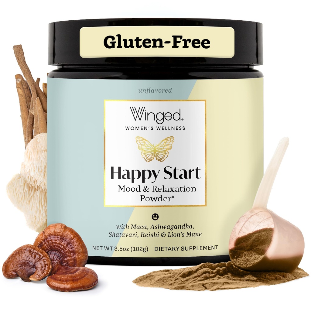 Winged Wellness Happy Start, Mood Boosting Drink Mix Powder for Women - Happy Mind & Hormonal Health, Red Maca, Ashwagandha, Mushrooms & More - 초콜렛, 30 서빙
