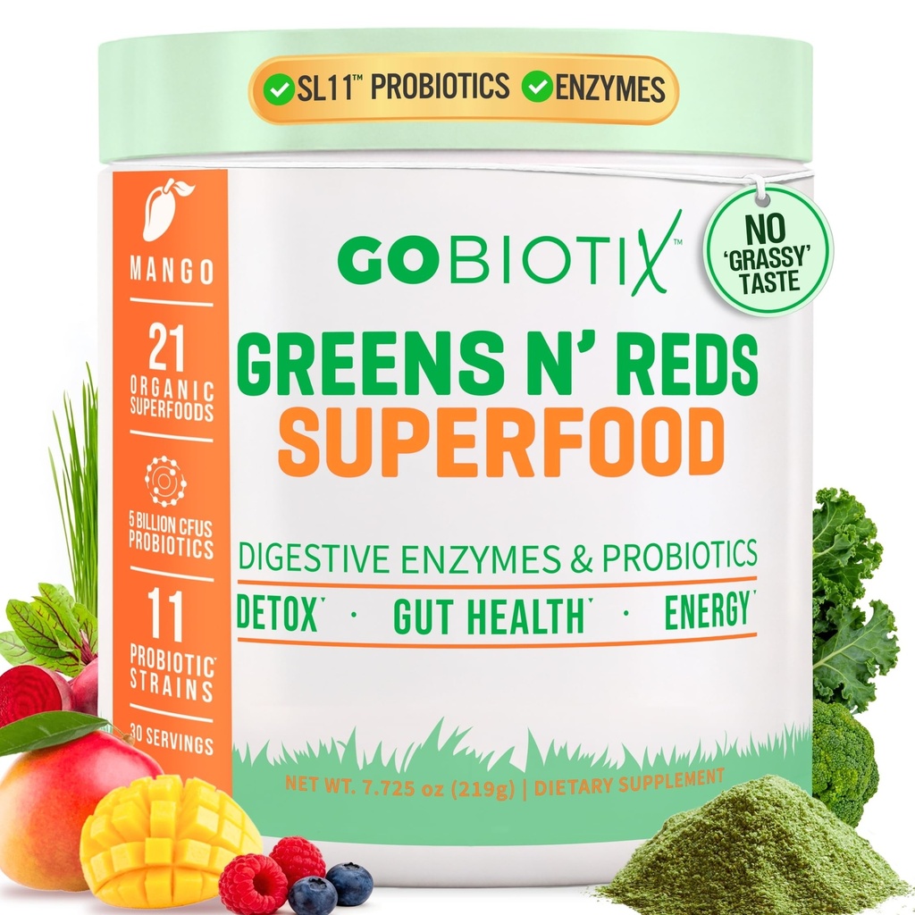 GOBIOTIX Super Greens and Reds Powder - Red and Green Superfood - Probiotic Supplement - 소화 효소 및 베트 루트 분말 - 유기 전체 식품 다이어트 보충교재 (만고, 1 팩)