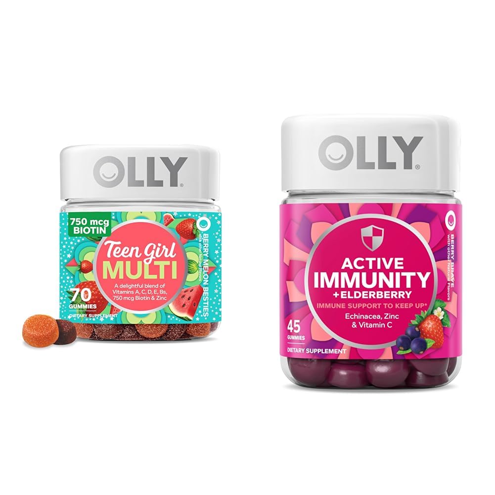 OLLY 틴 소녀 멀티 거미, 건강한 피부와 면역 지원, 15 필수 비타민, 70 카운트 거미 활성 Immunity+Elderberry, 45 Gummies, 베리 맛