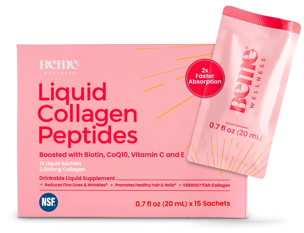 BeMe BeRadiant 액체 콜라겐 펩타이드 헤어, 스킨 & 손톱 2X 패스너 흡수 - 임상 테스트 - 2500mg Verisol Hydrolyzed Collagen Biotin, CoQ10 및 비타민 C와 여성 보충