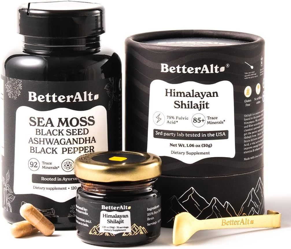 더 나은 Alt Shilajit 수지 30 gm & 바다 Moss 캡슐 에너지 듀오| 블랙 씨 오일과 함께 높은 Potency & Irish Sea Moss와 남성 및 여성을위한 순수한 Himalayan Shilajit 골드 등급