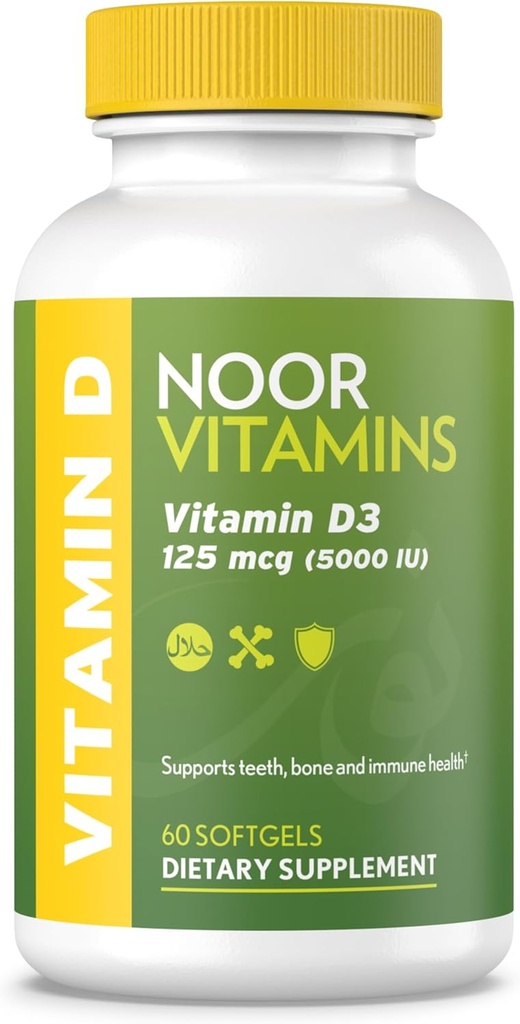 Noor Vitamins Halal Vitamin D, Halal Vitamin D3, 5000 IU Softgels, Safflower Oil에서 Bone, Immune & Heart Health를 지원하여 흡수, Non-GMO, 글루텐 프리 & 할랄 (60 카운트)을 극대화하십시오.