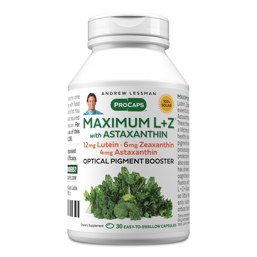 ANDREW LESSMAN 최대 L + Z Astaxanthin 30 Softgels - 12mg Lutein, 6mg Zeaxanthin, 4mg Astaxanthin. 눈과 뇌 건강을 지원하고 건강한 비전을 촉진하는 중요한 영양소.