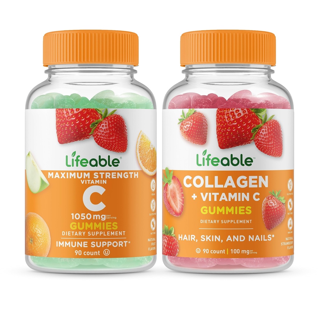 Lifeable 비타민 C 1050mg + Collagen & 비타민 C, Gummies 번들 - 훌륭한 타스팅, 비타민 보충, 글루텐 무료, GMO 무료, Chewable Gummy