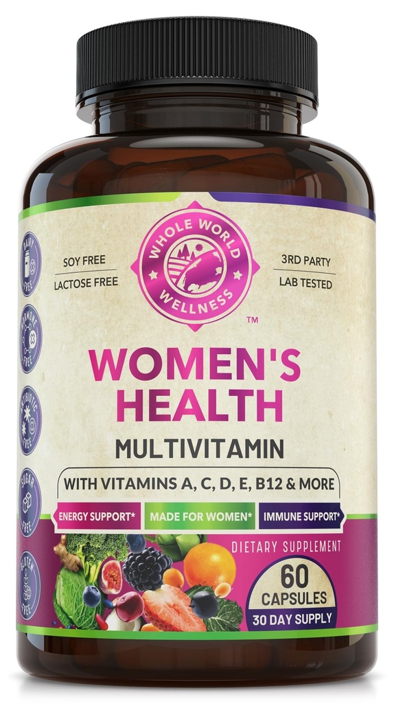 Womens Daily Multivitamin 에너지, 계류, 초점, 머리, 피부 및 못을 위한 다국적 보충교재. 30+ Nutrients, Fruit & Energy Blend로 여성용 제작 여성 비타민 60 캡슐. 미국에서 만든.