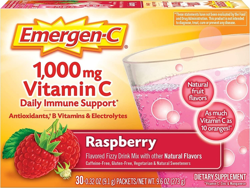 Alacer Emergen-C 비타민 C Fizzy 음료 혼합 라즈베리 - 1000 Mg - 30 패킷