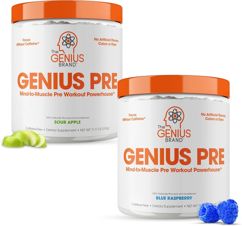 Genius Pre-Workout 보충 번들 - 블루 라즈베리 & Sour Apple - Caffeine-Free/Stimulant-Free