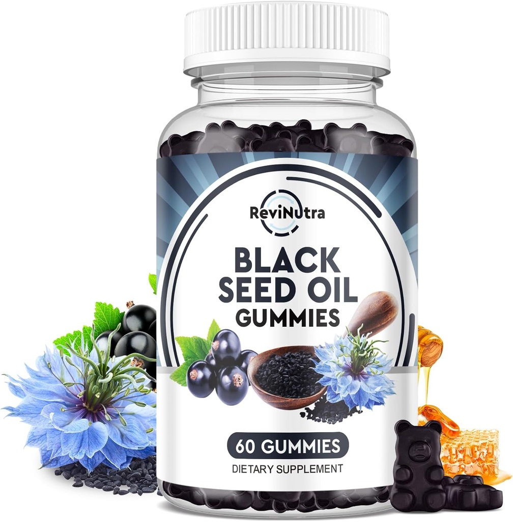 검정씨 기름 Gummies 유기 찬 압박된 Nigella Sativa 검정씨 기름 꿀, 비타민 B6, C, D3, 심황, 석류, 지원 Immunity, 소화, 뇌 기능, 머리 & skin-60 Gummies를 가진 기름